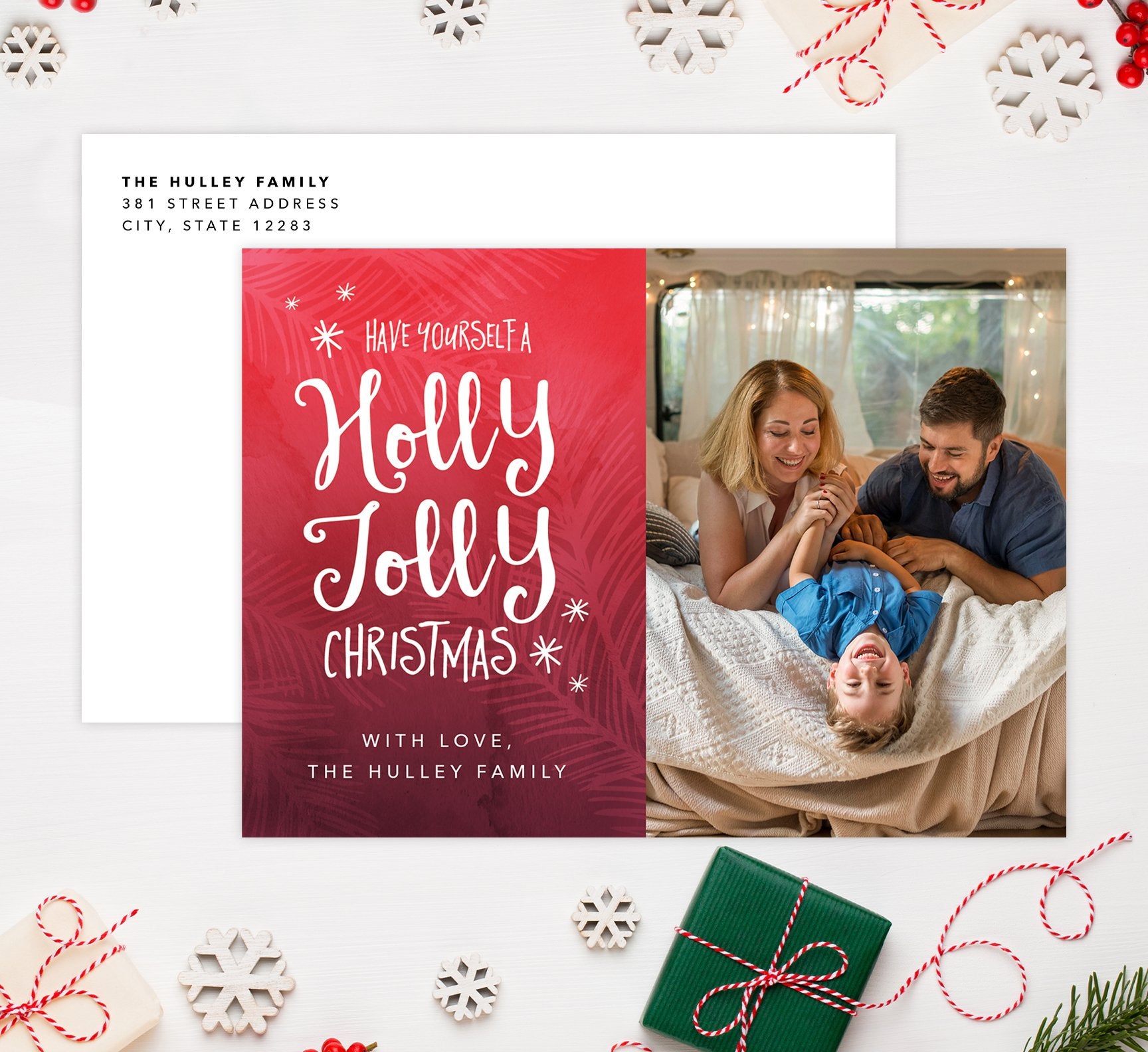 Holly Jolly Holiday Card Mockup; Holiday card with envelope and return address printed on it. 