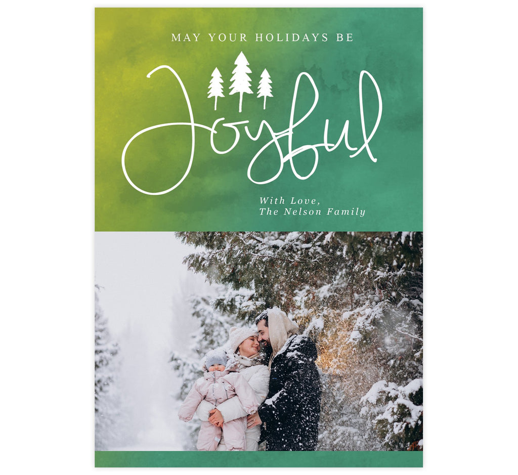 Joyful Holidays Holiday Card; Green watercolor background with white text and one image spot