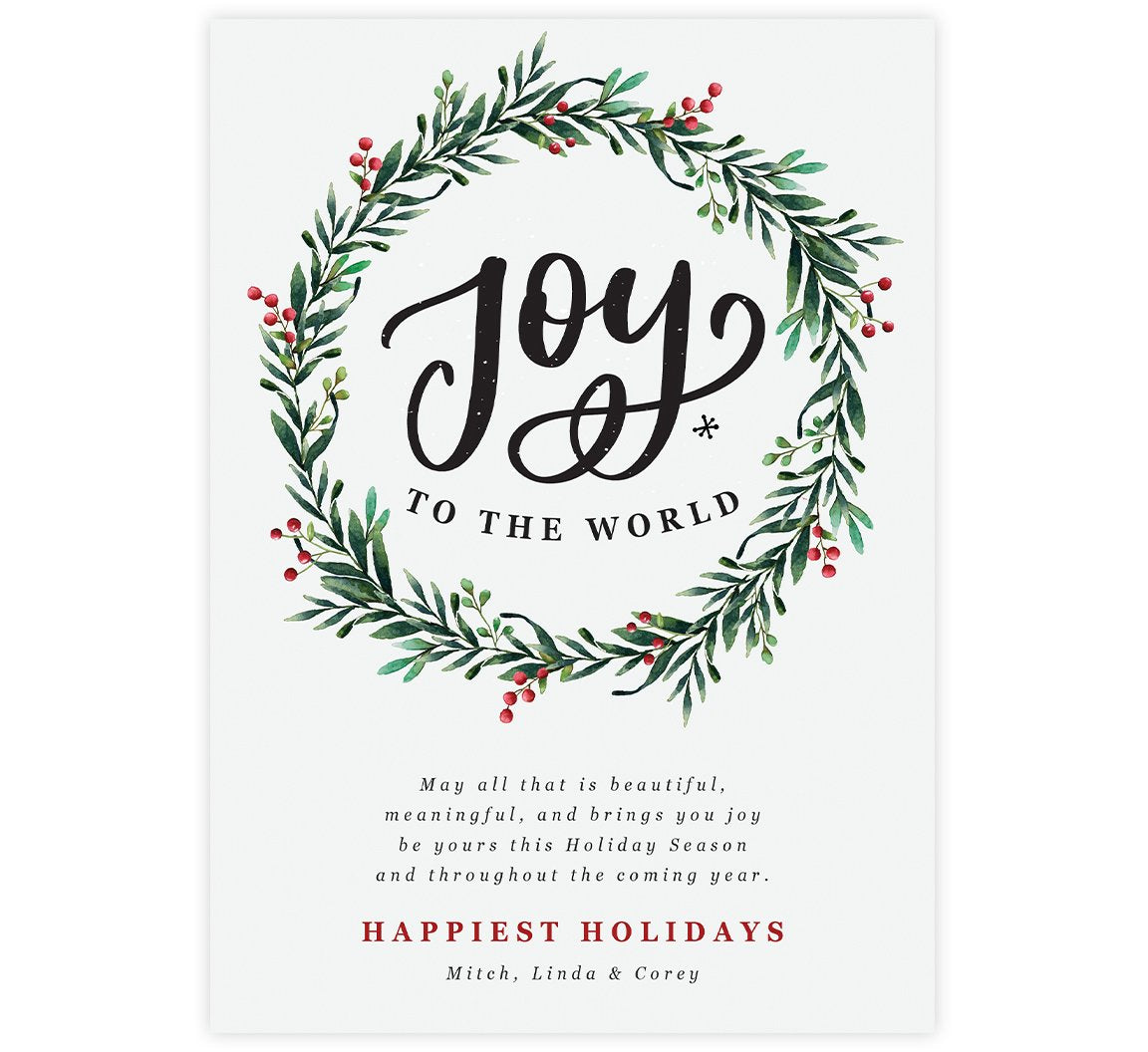 Joyous Wreath Holiday Card; White background with large watercolor wreath and joy to the world inside