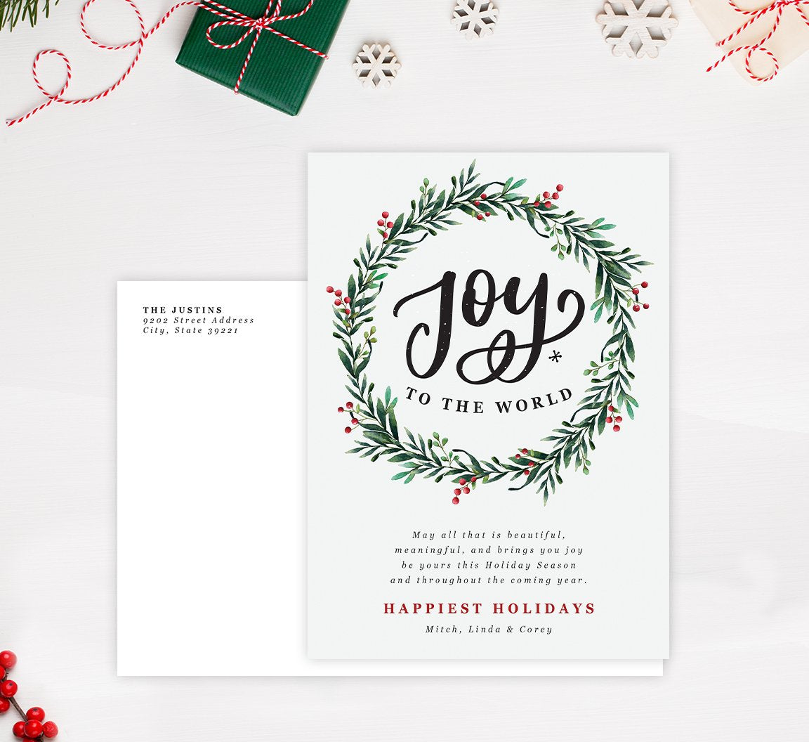 Joyous Wreath Holiday Card; Holiday card with envelope and return address printed on it. 