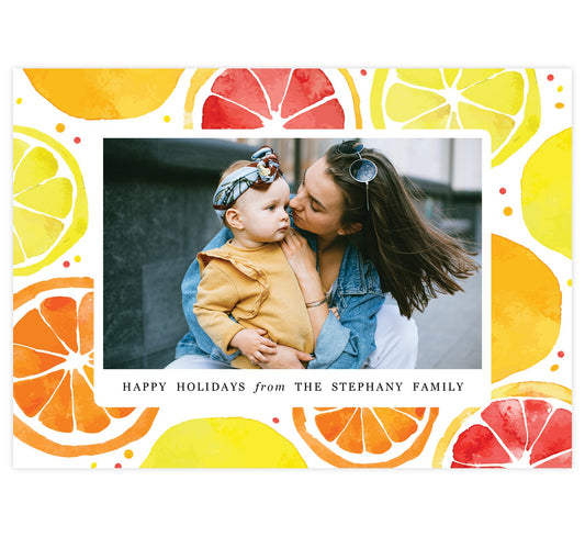 Lemony Sweet Holiday Card; Colorful watercolor lemon slices background with one image spot in the middle and small "Happy Holidays" under the image.