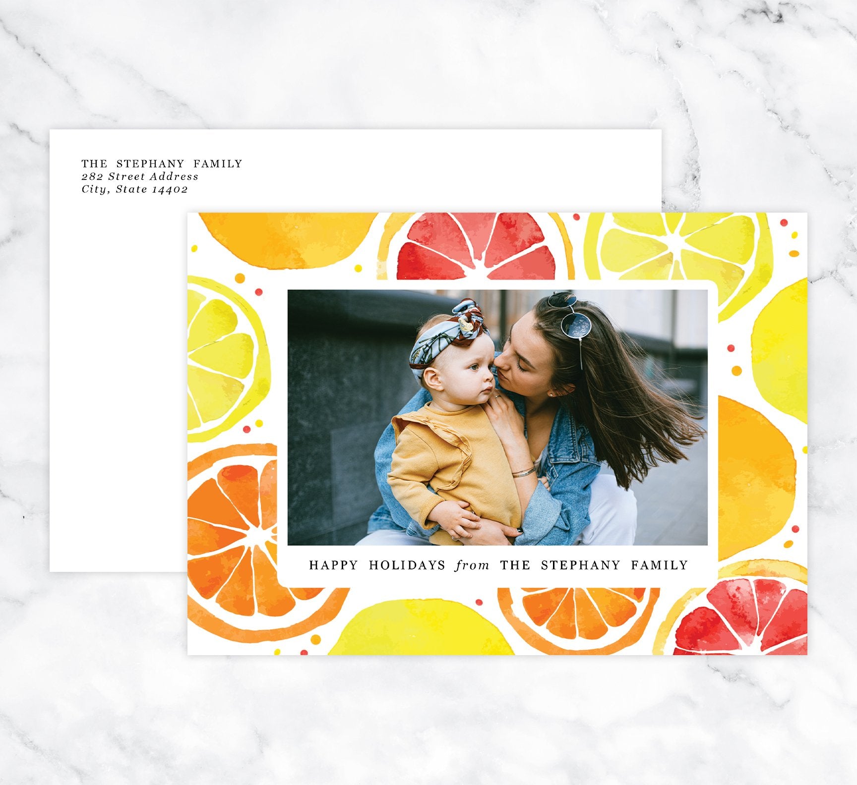 Lemony Sweet Holiday Card Mockup; Holiday card with envelope and return address printed on it. 