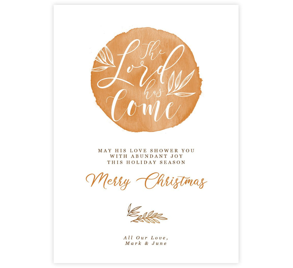 Lord Has Come Holiday Card; White background with large The Lord Has Come text with a gold background.