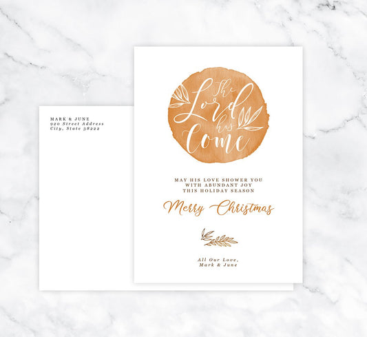 Lord Has Come Holiday Card; Holiday card with envelope and return address printed on it. 