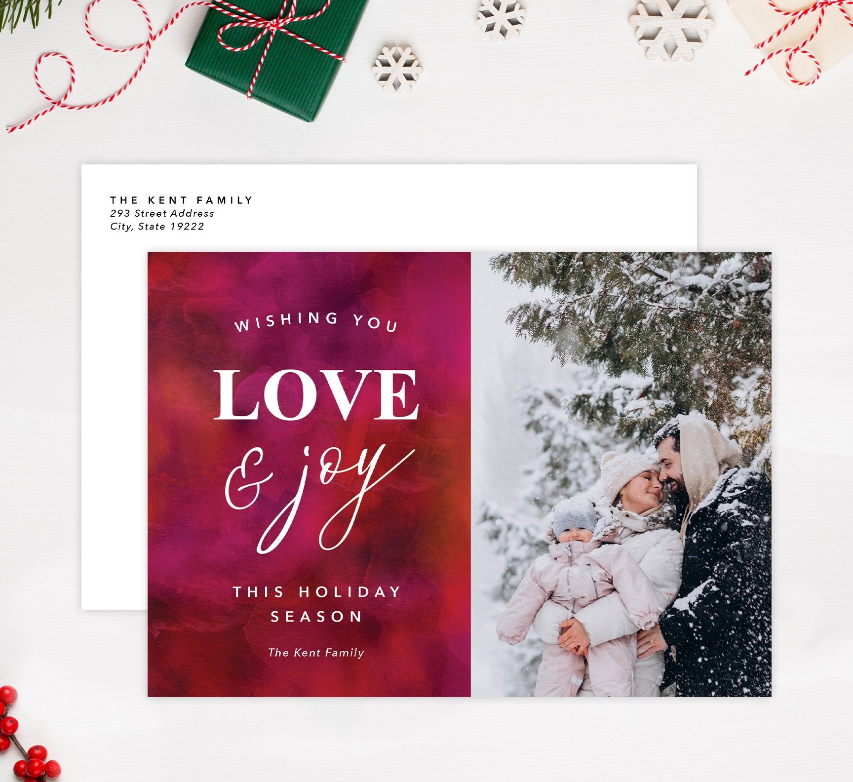 Love and Joy Holiday Card Mockup; Holiday card with envelope and return address printed on it. 