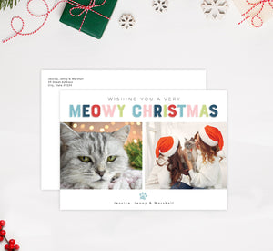 Meowy Christmas Holiday Card Mockup; Holiday card with envelope and return address printed on it. 