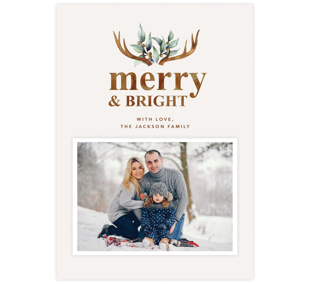 Merry Antlers Holiday Card; Cream background with watercolor antlers design at the top and one image spot.