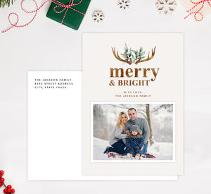 Merry Antlers Holiday Card Mockup; Holiday card with envelope and return address printed on it. 