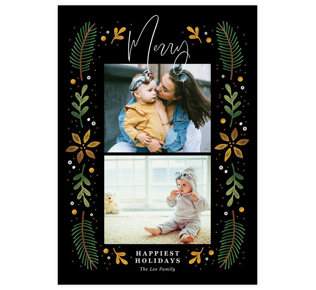 Merry Frame Holiday Card; 2 image spots with dark background and colorful distressed graphics