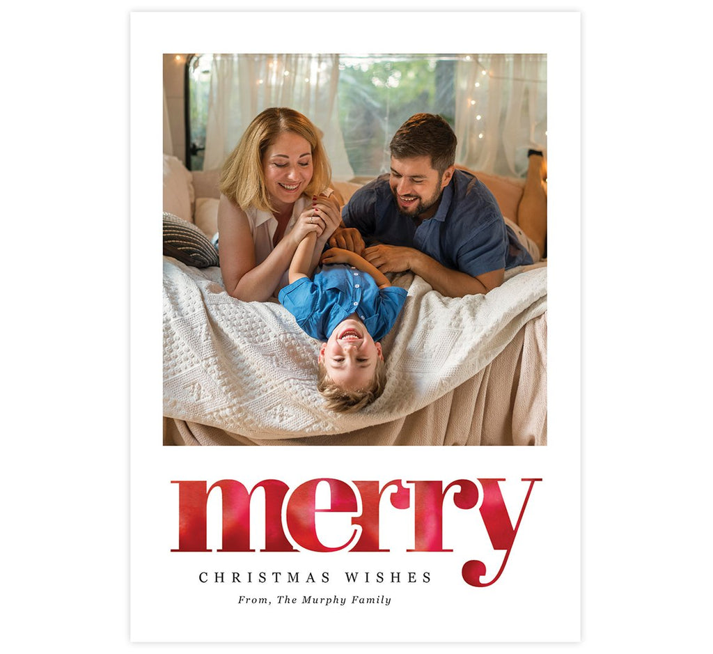 Merry Holiday Card; 1 large image spots with white background and watercolor 'merry' below the image.