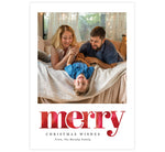 Load image into Gallery viewer, Merry Holiday Card; 1 large image spots with white background and watercolor &#39;merry&#39; below the image.
