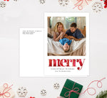 Load image into Gallery viewer, Merry Holiday Card Mockup; Holiday card with envelope and return address printed on it. 
