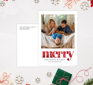 Merry Holiday Card Mockup; Holiday card with envelope and return address printed on it. 