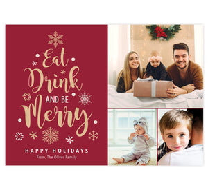 Merry Tree Holiday Card; Red background with 3 image spots on the right side. Gold and white text and images in the shape of a tree on the left "eat drink and be merry."