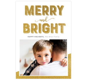 Merry and Bright Holiday Card; White background with "merry and bright" in gold glitter and bottom right corner with gold glitter and one image spot.