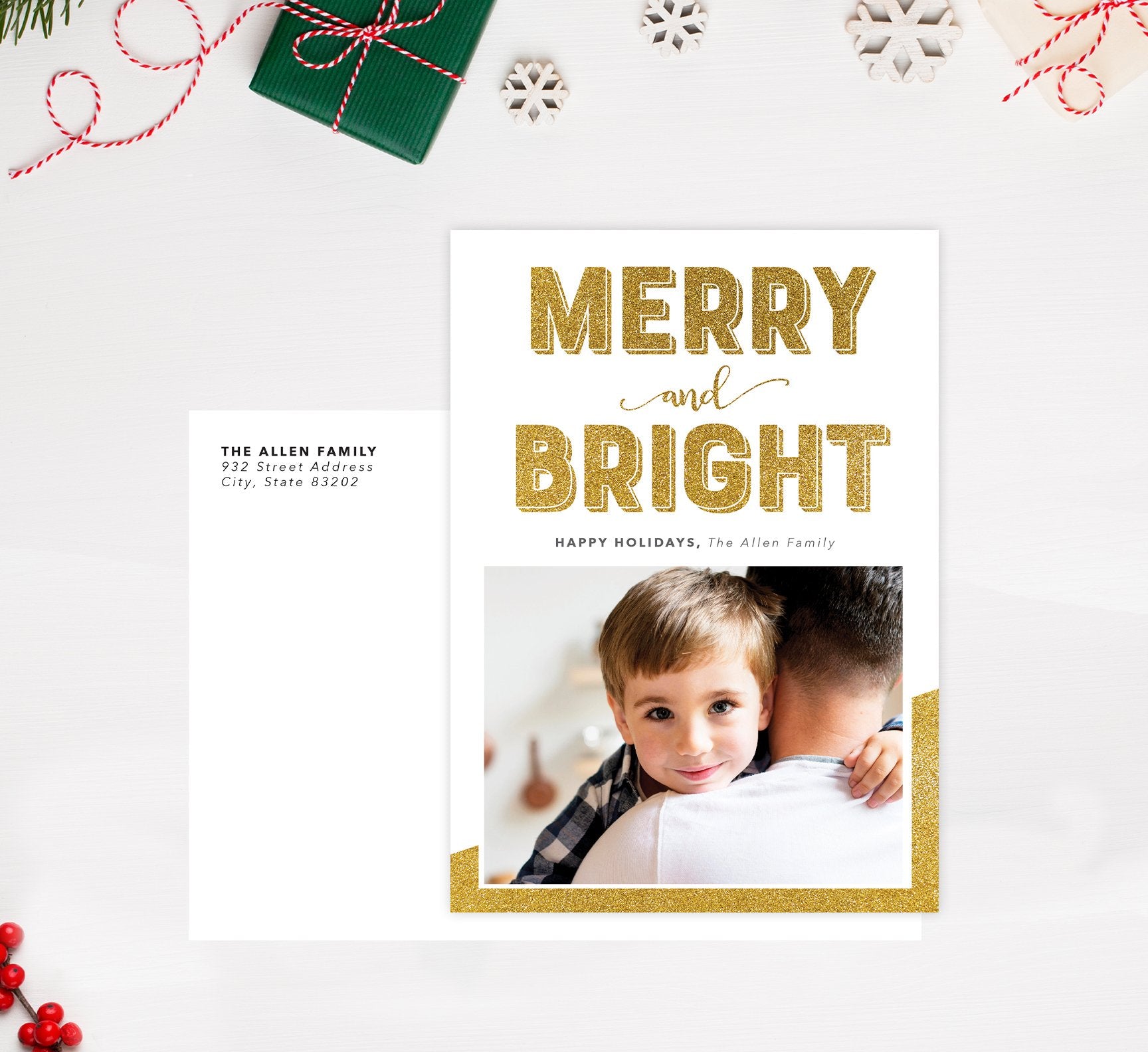 Merry and Bright Holiday Card; Holiday card with envelope and return address printed on it. 