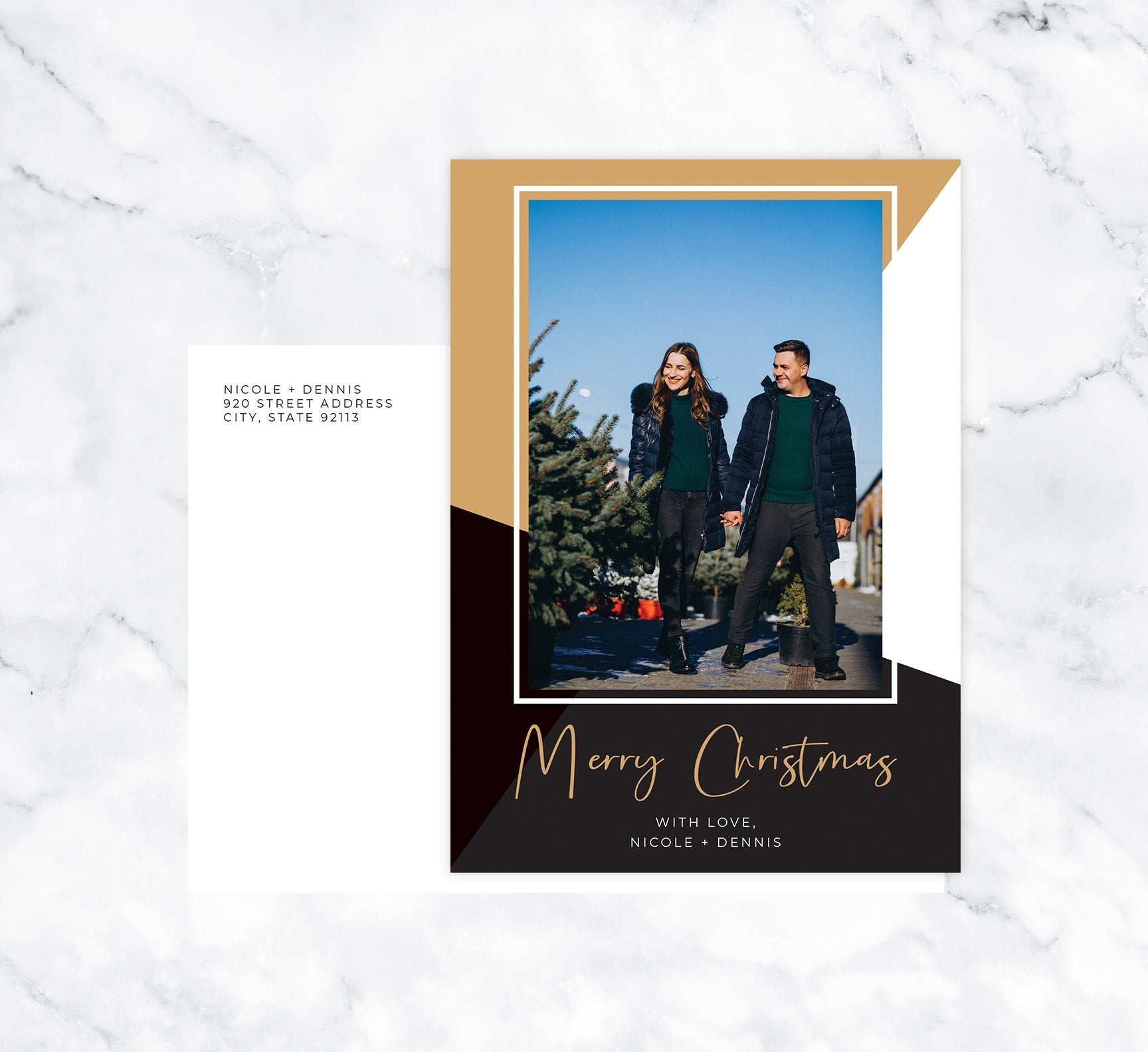 Modern Christmas Holiday Card Mockup; Holiday card with envelope and return address printed on it. 