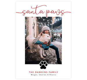 Santa Paws Holiday Card; White background with red "Santa Paws" text at the top, an image spot in the middle and a paw print under the image. 