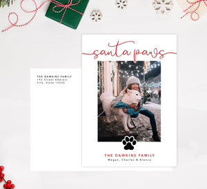 Santa Paws Holiday Card Mockup; Holiday card with envelope and return address printed on it. 