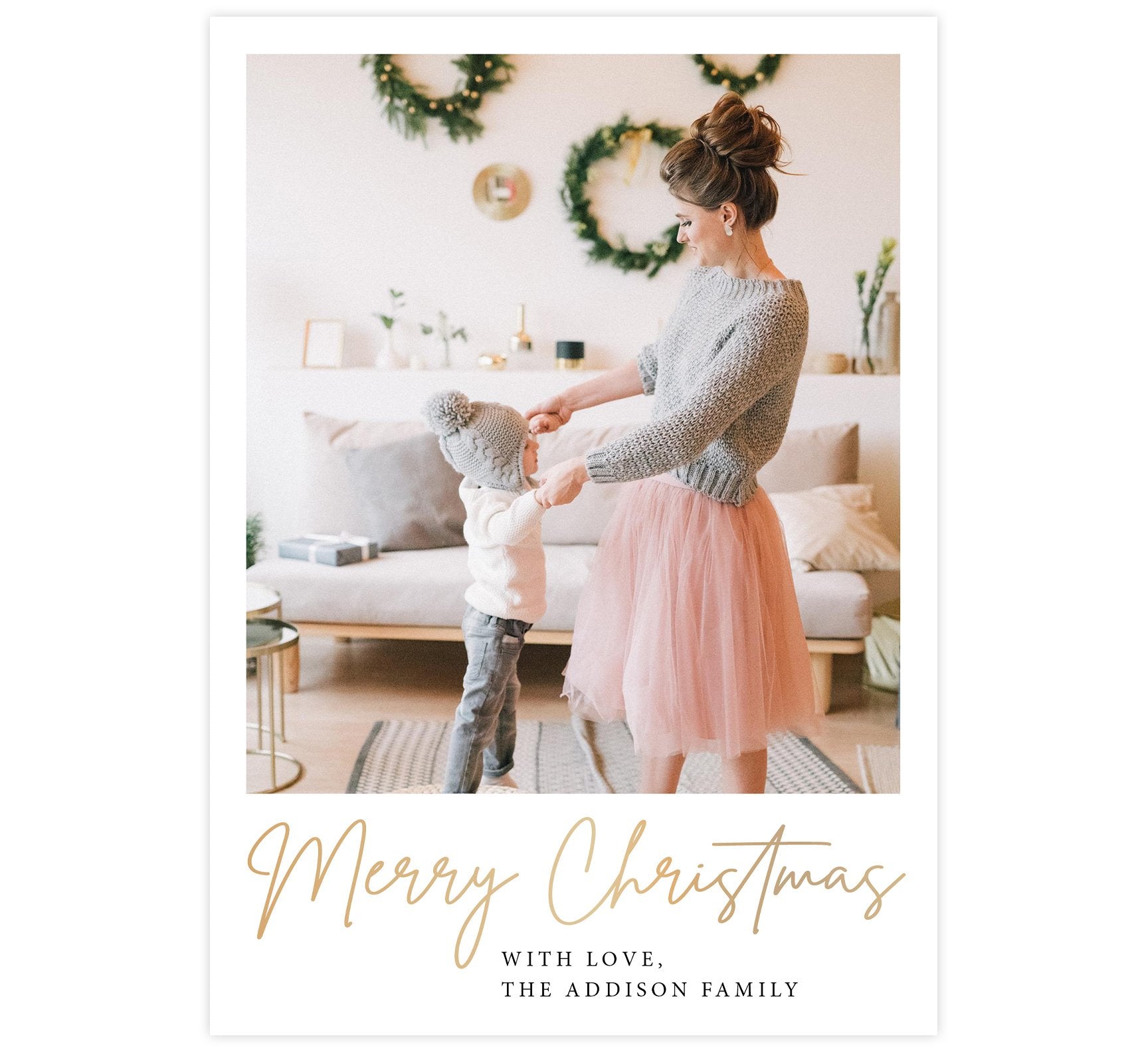 Simple Christmas Holiday Card; White background with one large image spot and gold "Merry Christmas" under the image.