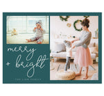 Load image into Gallery viewer, Snowflake Script Holiday Card; Dark teal background with 2 image spots and &quot;merry and bright&quot; in white.
