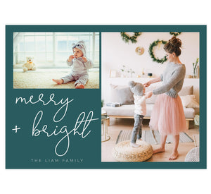 Snowflake Script Holiday Card; Dark teal background with 2 image spots and "merry and bright" in white.