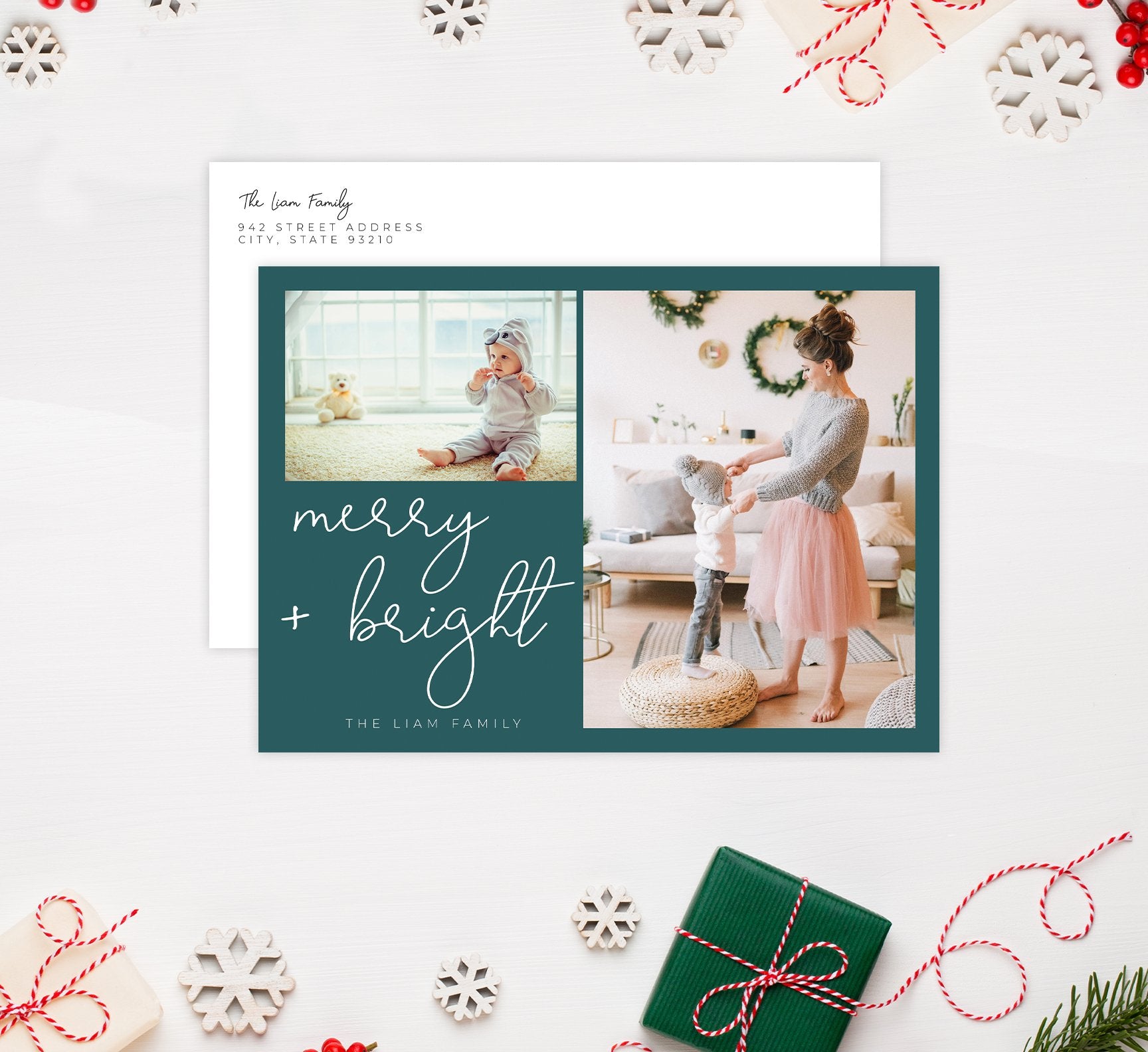 Snowflake Script Holiday Card Mockup; Holiday card with envelope and return address printed on it. 