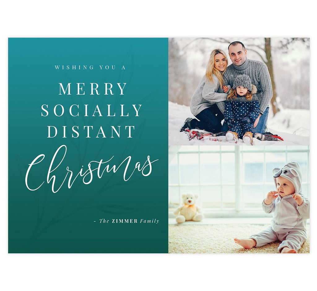 Socially Distant Holiday Card; 1 large image spots with white background with blue watercolor and white typography