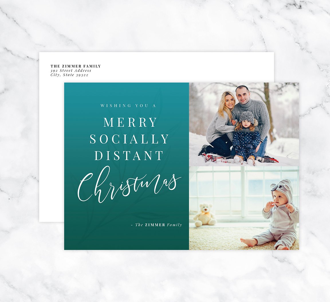 Socially Distant Holiday Card Mockup; Holiday card with envelope and return address printed on it. 