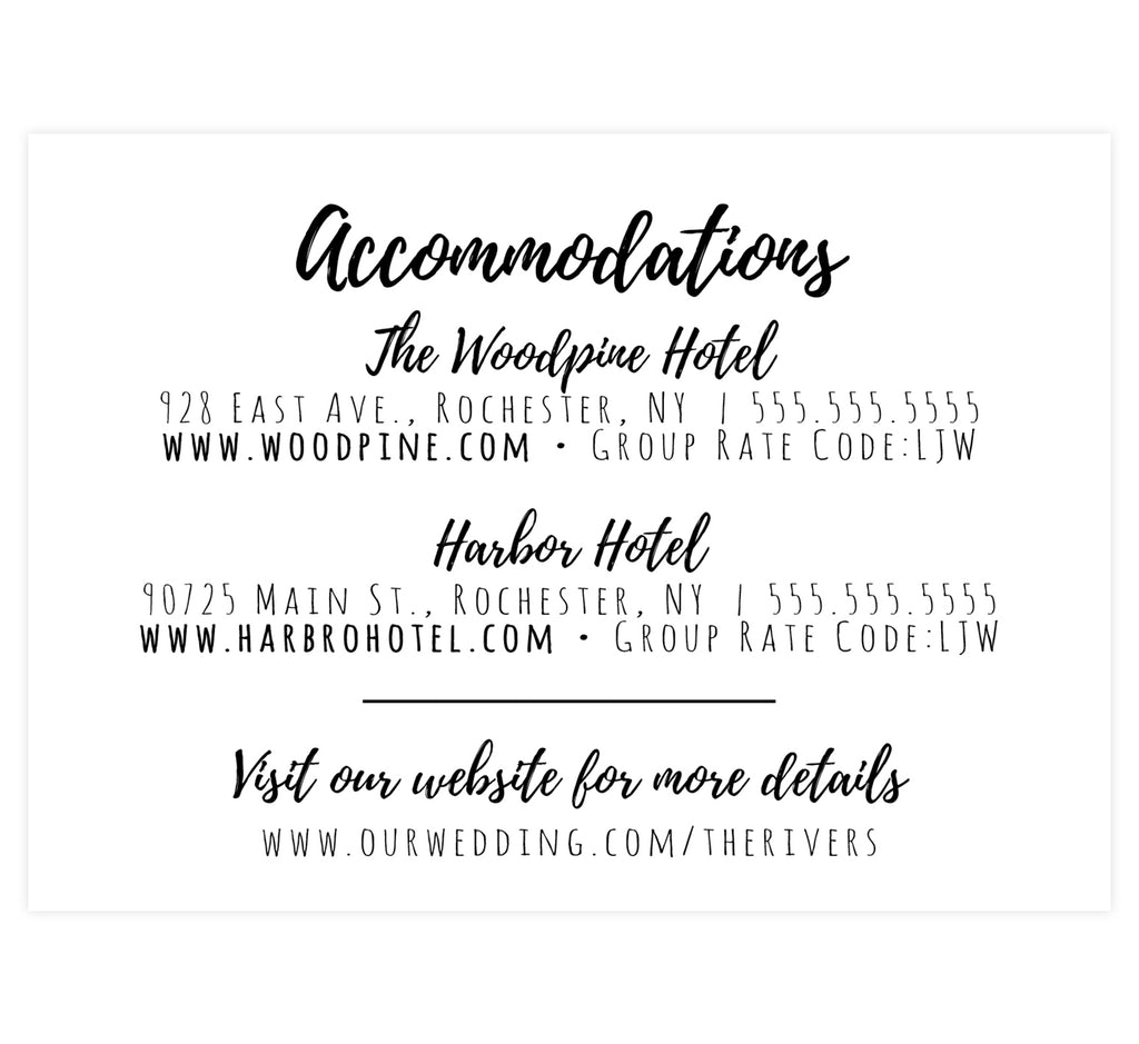 Lovely Skyline Wedding accommodation/detail card; white background with black text