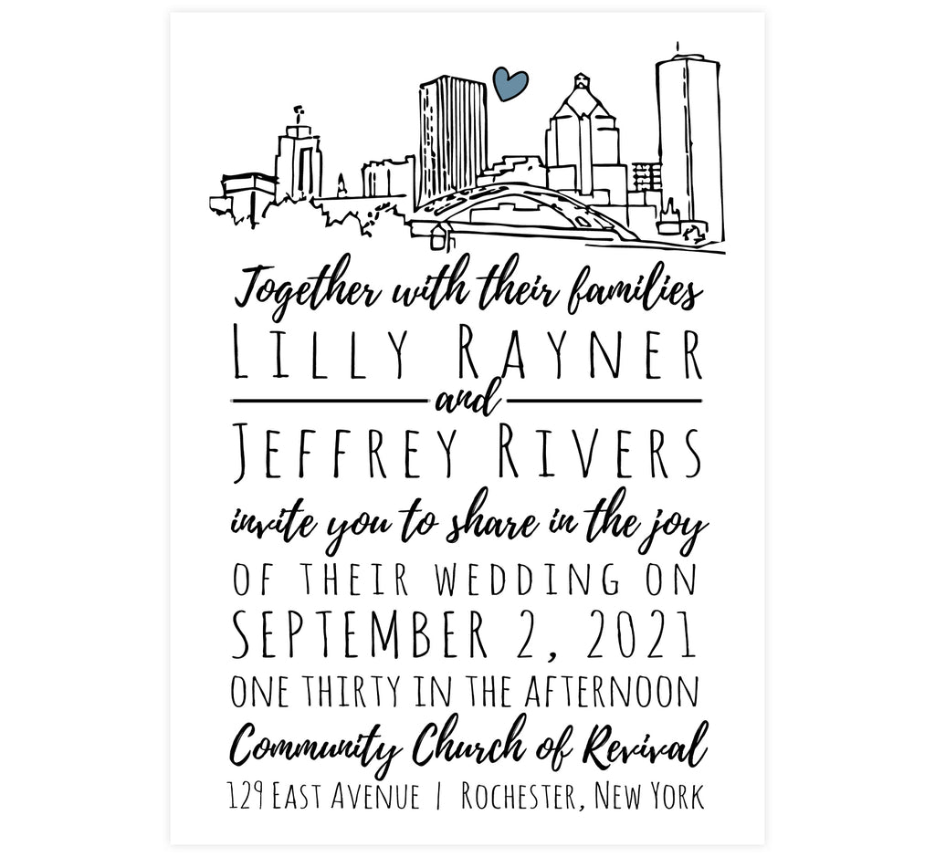 Lovely Skyline wedding invitation; white background with hand drawn Rochester, NY skyline and black text