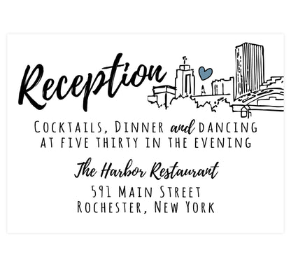 Lovely Skyline wedding reception card; white background with black text and an hand drawn outline of the Rochester, NY skyline on the right side