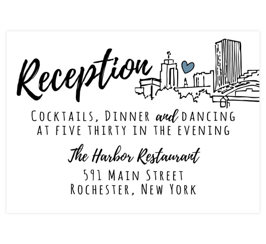 Lovely Skyline wedding reception card; white background with black text and an hand drawn outline of the Rochester, NY skyline on the right side