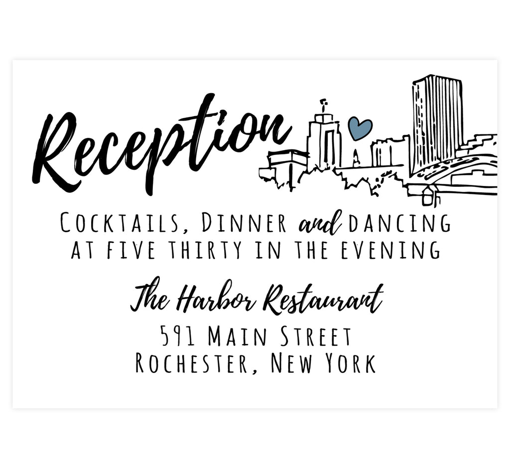 Lovely Skyline wedding reception card; white background with black text and an hand drawn outline of the Rochester, NY skyline on the right side