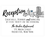 Load image into Gallery viewer, Lovely Skyline wedding reception card; white background with black text and an hand drawn outline of the Rochester, NY skyline on the right side
