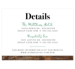 Load image into Gallery viewer,  Rustic Elegance wedding accommodations/details card; white background with wood texture on the bottom edge and black and green text
