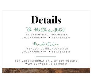  Rustic Elegance wedding accommodations/details card; white background with wood texture on the bottom edge and black and green text