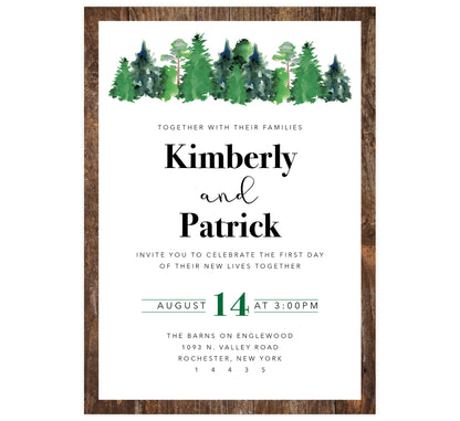 Rustic Elegance wedding invitation; wood border with black text and watercolor trees at the top