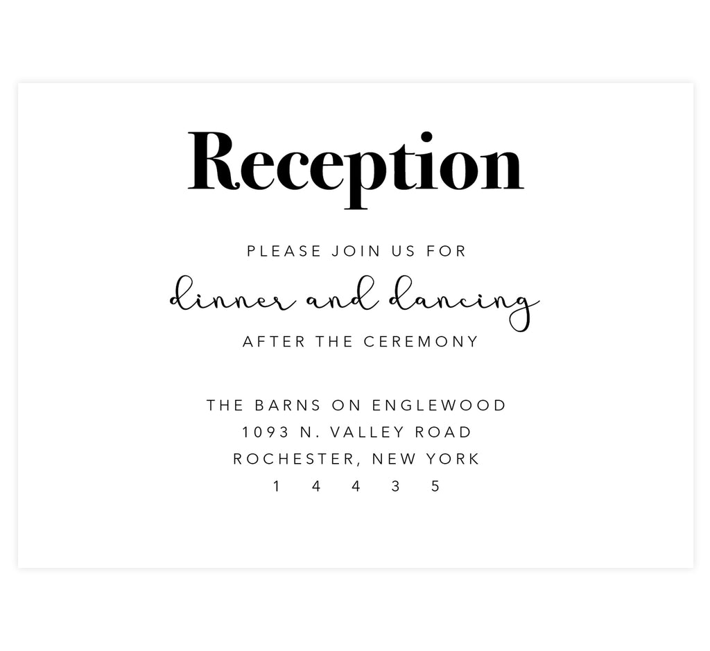 Rustic Elegance wedding reception card; white background with black text