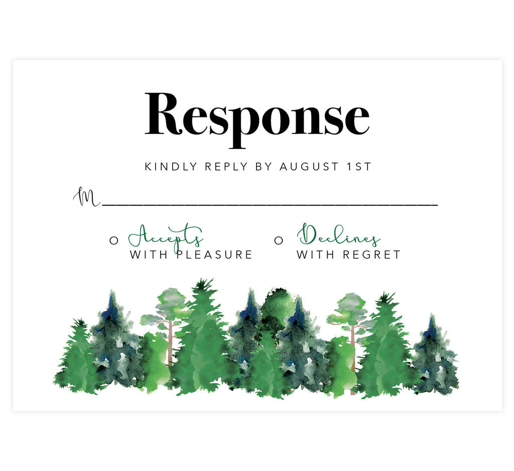 Rustic Elegance wedding response card; white background with black text and watercolor trees at the bottom