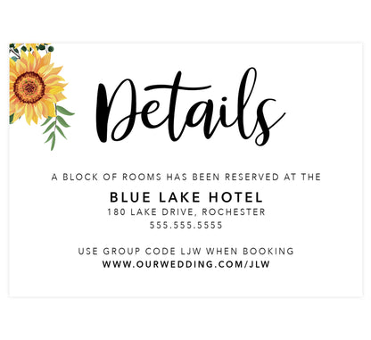 Bright Sunflower Wedding accommodations/details card; white background with sunflower in the top left corner and black text
