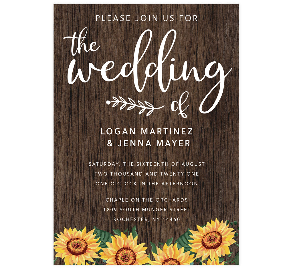 Bright Sunflower Wedding invitation; dark wood background with bright sunflowers at the bottom edge and white text