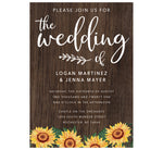 Load image into Gallery viewer, Bright Sunflower Wedding invitation; dark wood background with bright sunflowers at the bottom edge and white text
