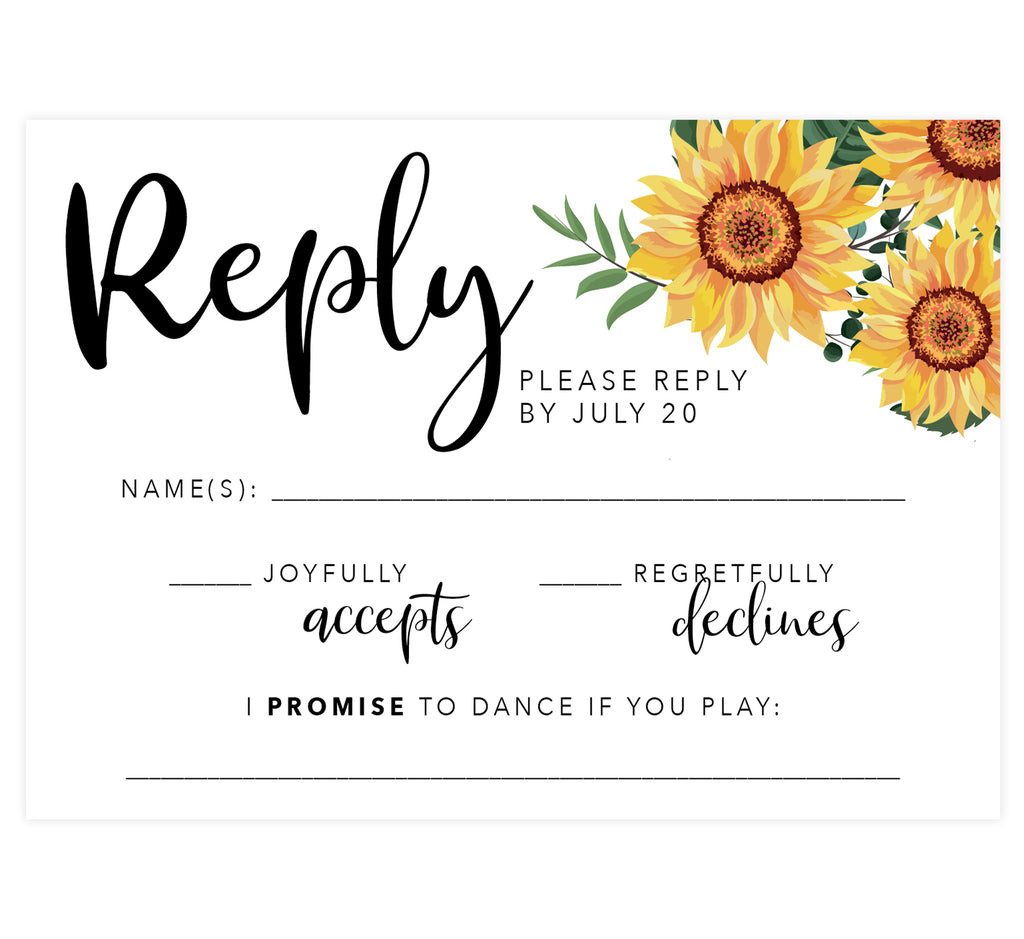 Bright Sunflower Wedding Response Card; white background with sunflowers in the top right corner and black text