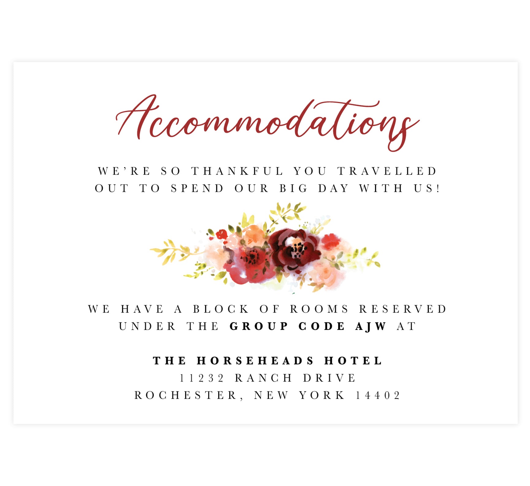 Alluring Floral Wedding Accommodation/Detail Card; white background with black and red text and watercolor florals in the middle