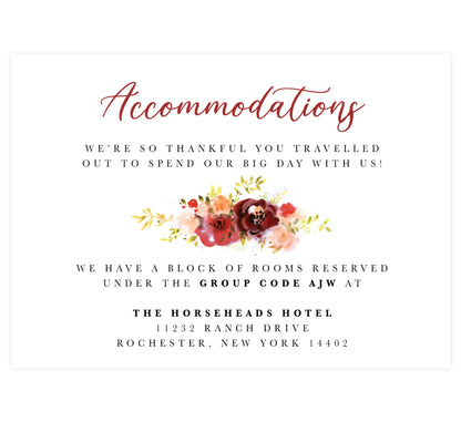 Alluring Floral Wedding Accommodation/Detail Card; white background with black and red text and watercolor florals in the middle