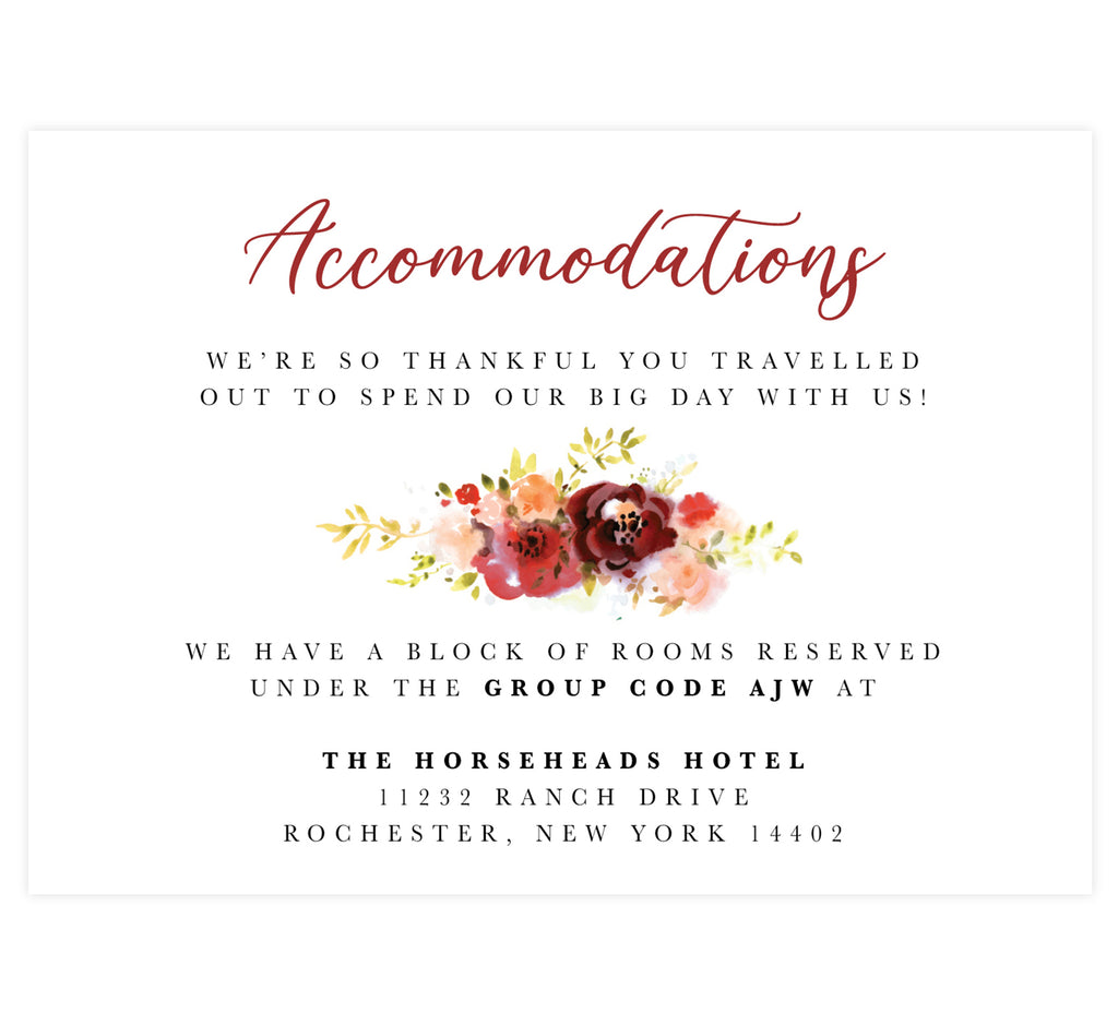 Alluring Floral Wedding Accommodation/Detail Card; white background with black and red text and watercolor florals in the middle
