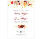 Load image into Gallery viewer, Alluring Floral Wedding Invitation; white background with pink, orange and red florals along the top edge. Black text with the names in a dark red.
