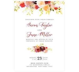 Alluring Floral Wedding Invitation; white background with pink, orange and red florals along the top edge. Black text with the names in a dark red.