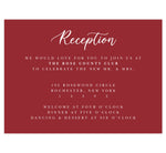 Load image into Gallery viewer, Alluring Floral Wedding Reception Card; dark red background with white text
